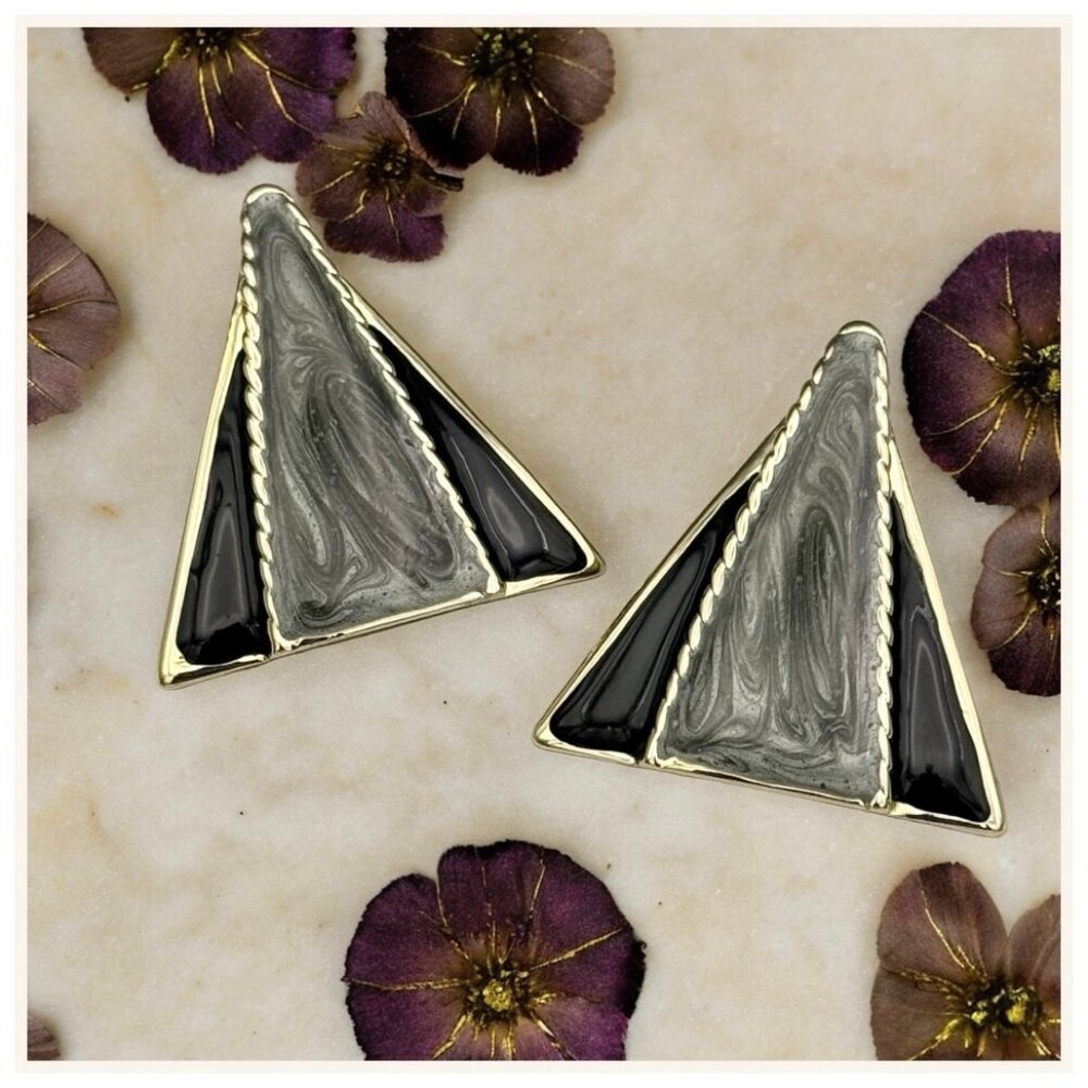 VINTAGE 80s / 90s Gray Black & Gold Thick Enamel Triangle Statement Earrings